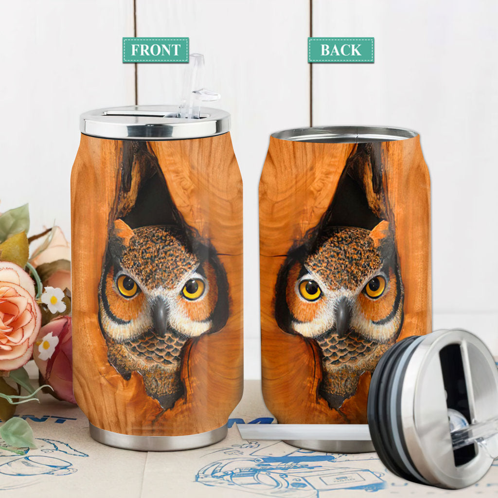S Owl Wood Leather Style - Soda Can Tumbler - Owls Matrix LTD
