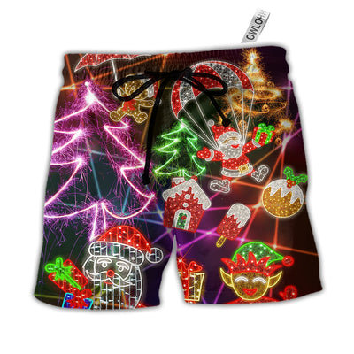 Beach Short / Adults / S Christmas Funny Santa Claus Tree Elf Gingerbread Neon Light Style - Beach Short - Owls Matrix LTD