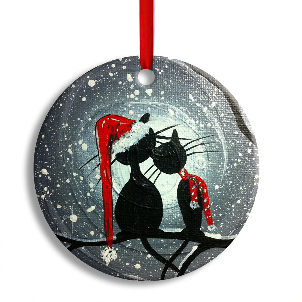 Pack 1 Christmas Cat Couple Lover With Moon - Circle Ornament - Owls Matrix LTD
