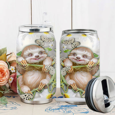 S Sloth Happy Cute Sloth - Soda Can Tumbler - Owls Matrix LTD