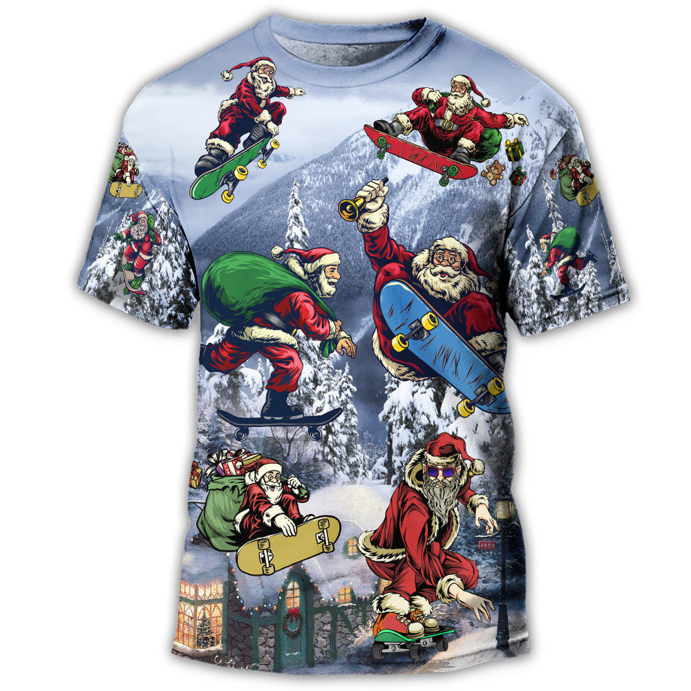 S Christmas Santa Claus Skateboarding Snow Mountain Gift Light Art Style - Round Neck T-shirt - Owls Matrix LTD