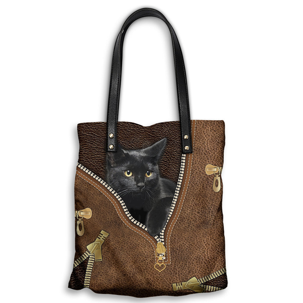 M ( "12.2 x 13.4" ) Black Cat Black Leather Zipper - Leather Hand Bag - Owls Matrix LTD