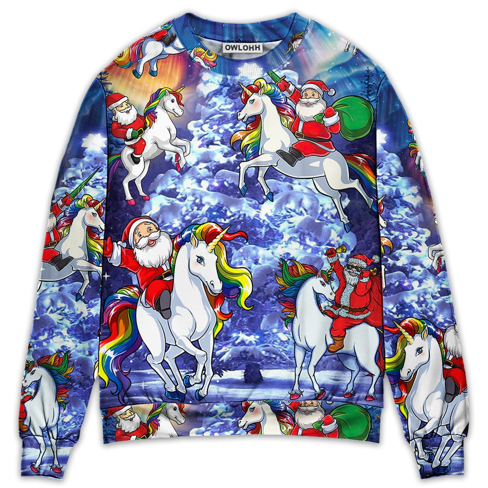 Sweater / S Christmas Funny Santa Claus Riding Unicorn Rainbow Sky Night - Sweater - Ugly Christmas Sweaters - Owls Matrix LTD