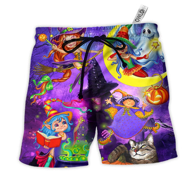 Beach Short / Adults / S Halloween Funny Witch Ghost Cute Boo In The Magic Forest Art Style - Beach Short - Owls Matrix LTD