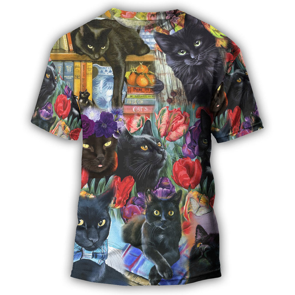 S Black Cat Art With Flowers - Round Neck T-shirt - Owls Matrix LTD