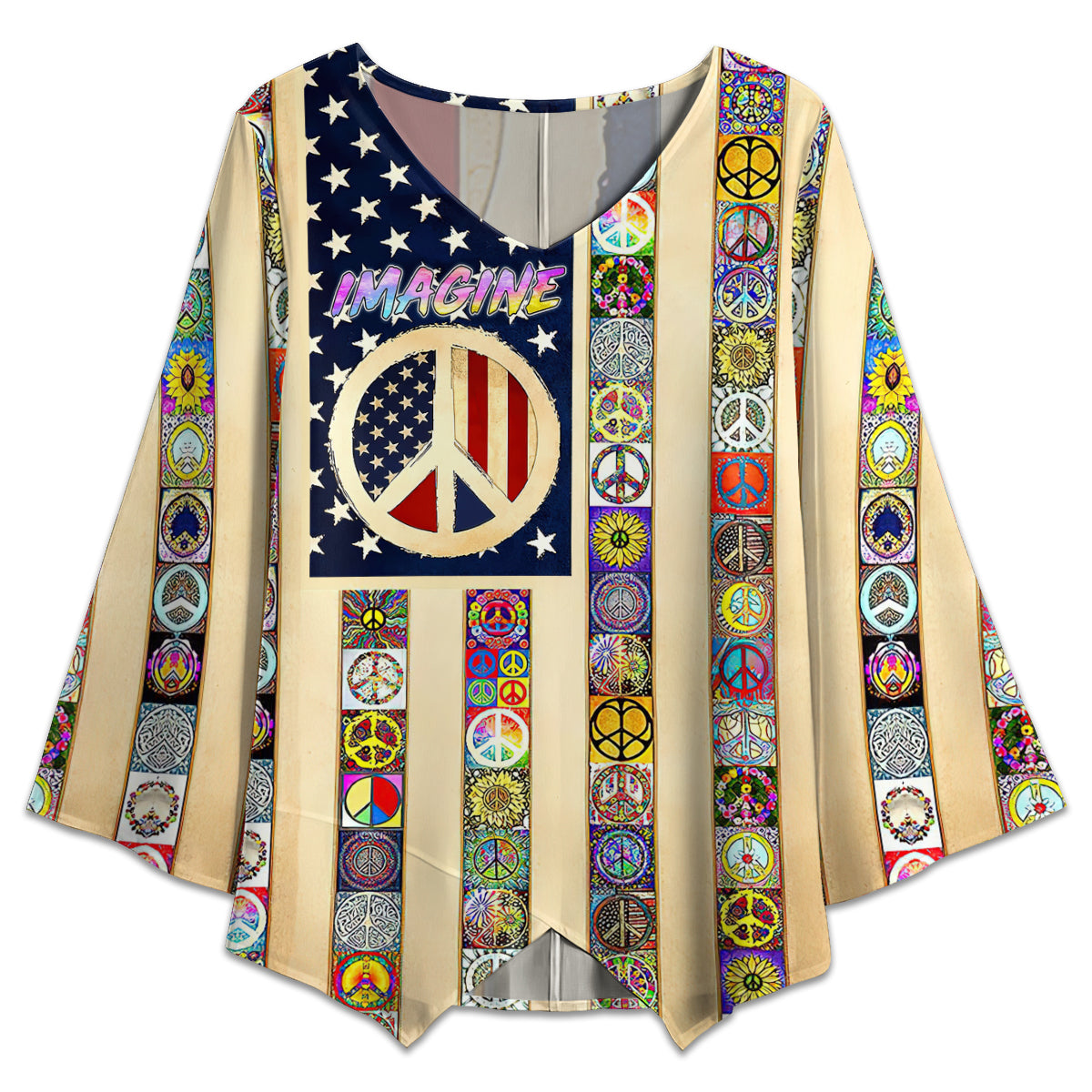S Hippie Imagine All The People Living Life In Peace Flag - V-neck T-shirt - Owls Matrix LTD