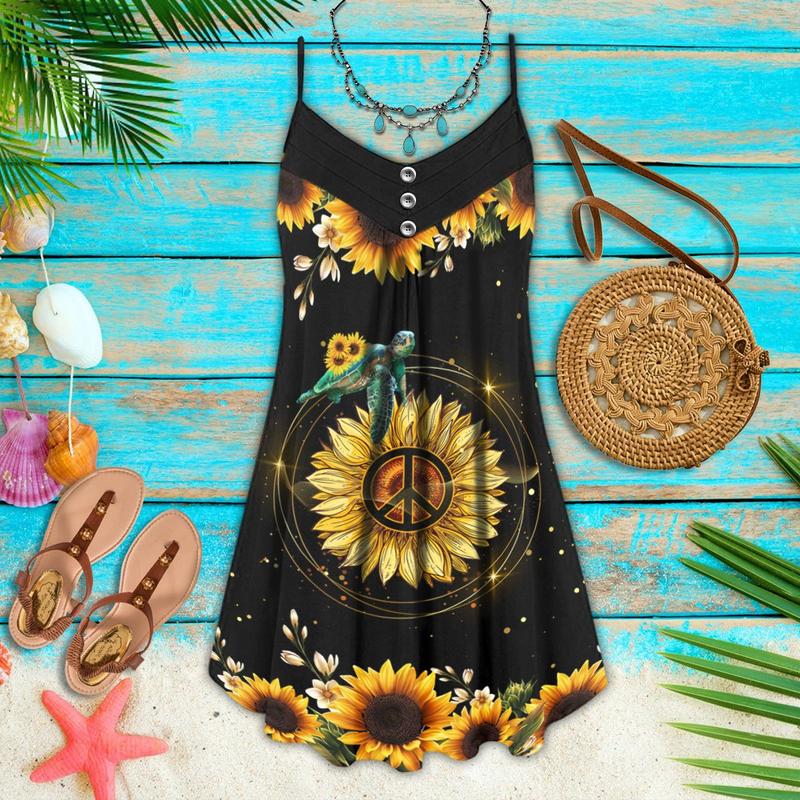 Turtle Love Sunlower Hippie Style - Summer Dress - Owls Matrix LTD