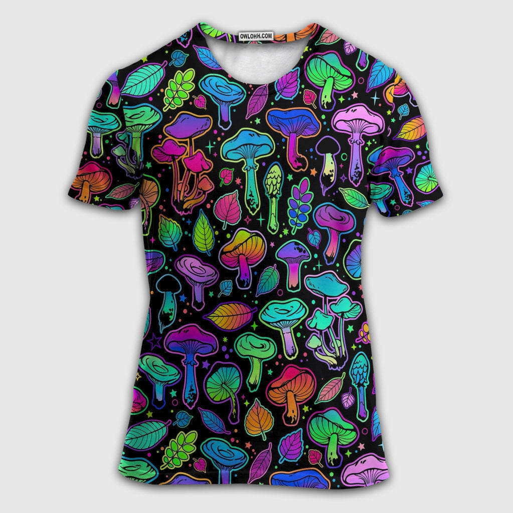 S Mushroom Neon Colorful Bright With Leaf - Round Neck T-shirt - Owls Matrix LTD