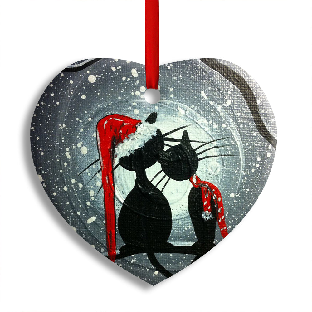 Pack 1 Christmas Cat Couple Lover With Moon - Heart Ornament - Owls Matrix LTD