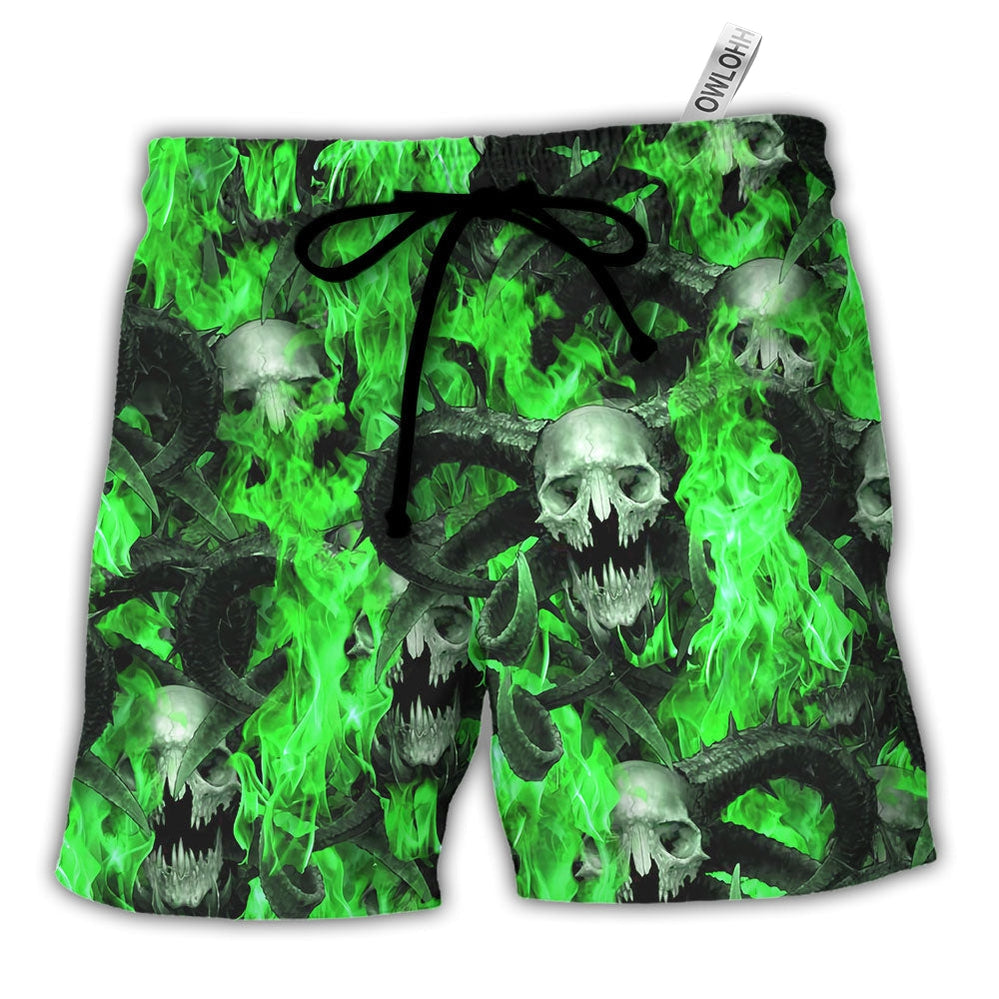 Beach Short / Adults / S Skull Green Flame Burn - Beach Short - Owls Matrix LTD