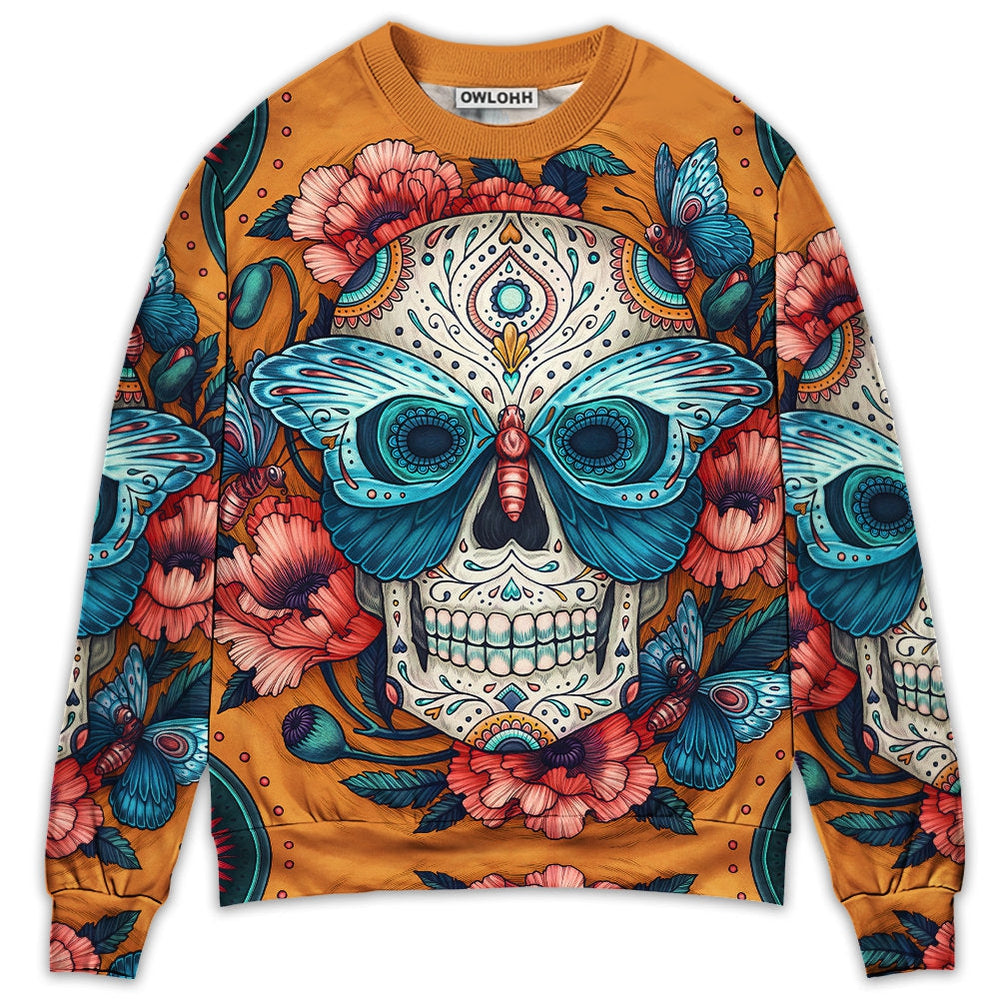 Sweater / S Skull And Butterfly Abstract Vintage Colorful - Sweater - Ugly Christmas Sweaters - Owls Matrix LTD