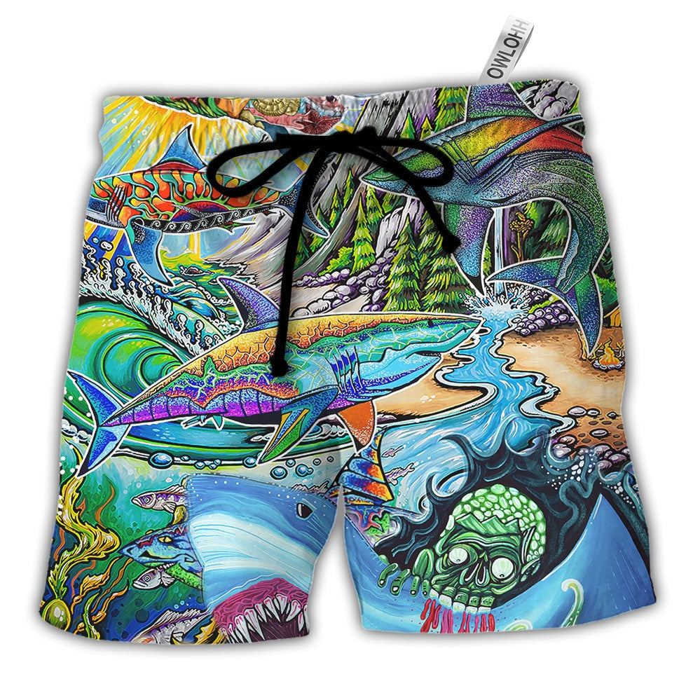 Beach Short / Adults / S Hippie Shark Colorful Art Peace - Beach Short - Owls Matrix LTD