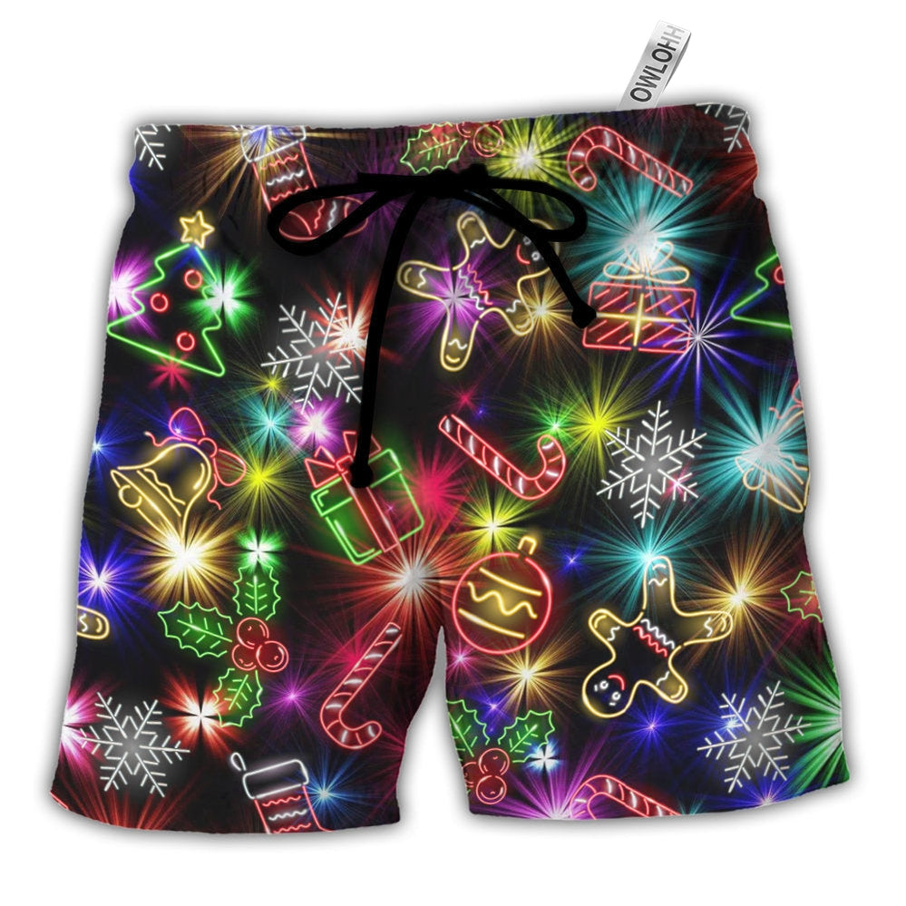 Christmas With Tree And Gift Cookies Gingerbread Man Neon Style - Beach Short - Owls Matrix LTD
