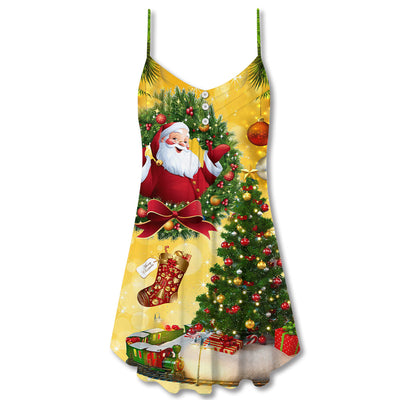 Christmas Tree Yellow With Santa Claus - V-neck Sleeveless Cami Dress - Owls Matrix LTD