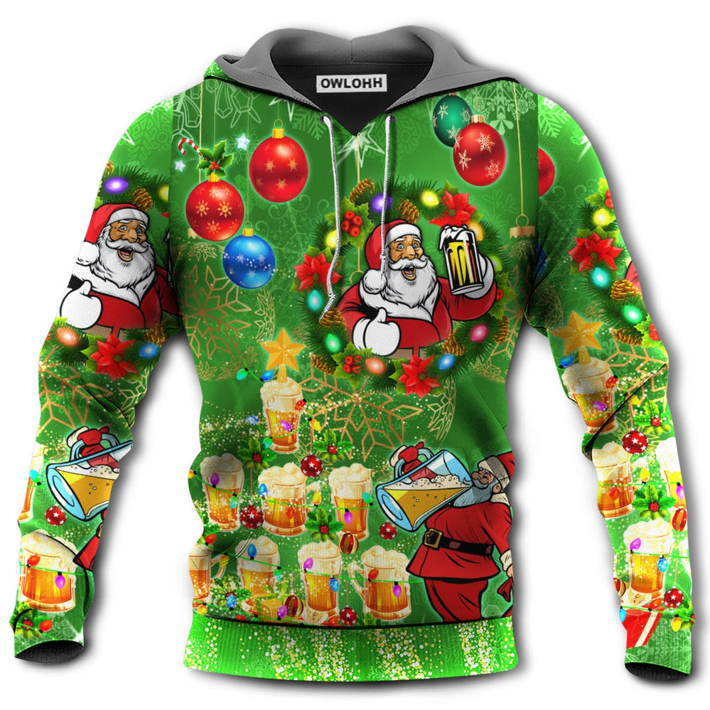 Unisex Hoodie / S Christmas Funny Santa Claus Drinking Beer Happy Christmas Tree Green Light - Hoodie - Owls Matrix LTD