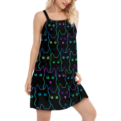 Cat Cute Little Cat Neon Style - Women's Sleeveless Cami Dress - Owls Matrix LTD