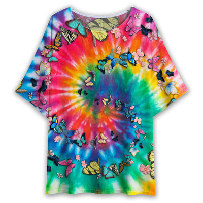 S Hippie Tie Dye Butterflies - Women's T-shirt With Bat Sleeve - Owls Matrix LTD