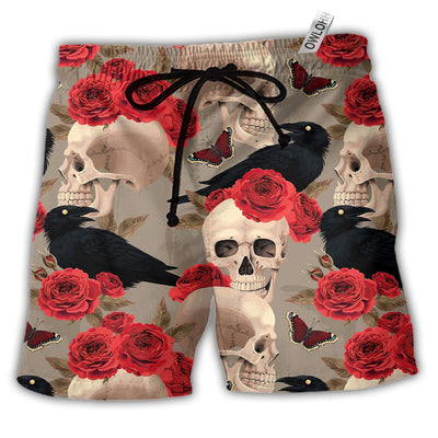 Beach Short / Adults / S Skull With Rose Flower And Raven Gothic Style - Beach Short - Owls Matrix LTD