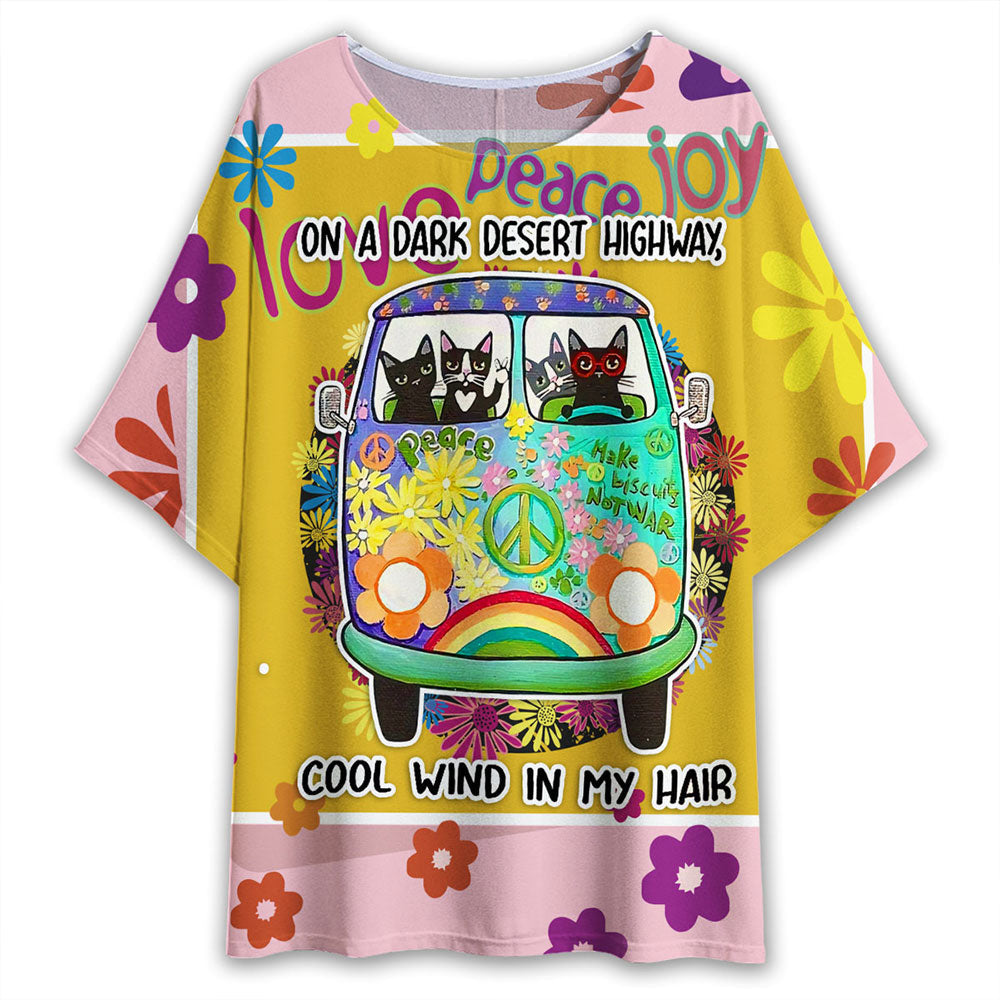 S Hippie Cat On A Dark Desert Highway - Women's T-shirt With Bat Sleeve - Owls Matrix LTD