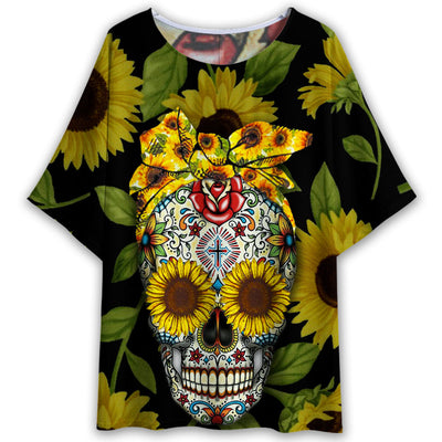 S Skull Sunflower Pattern Style - Women's T-shirt With Bat Sleeve - Owls Matrix LTD