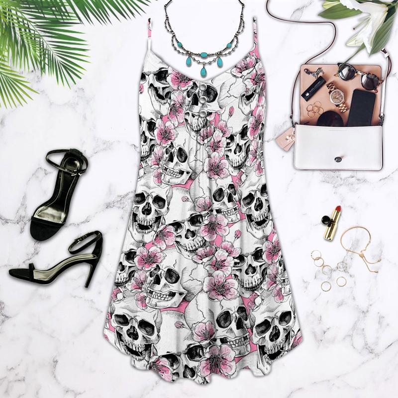 Skull Pink Flowers Summer Tropical - Summer Dress - Owls Matrix LTD