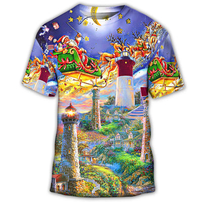 S Lighthouse Christmas Santa Home The Light Is - Round Neck T-shirt - Owls Matrix LTD