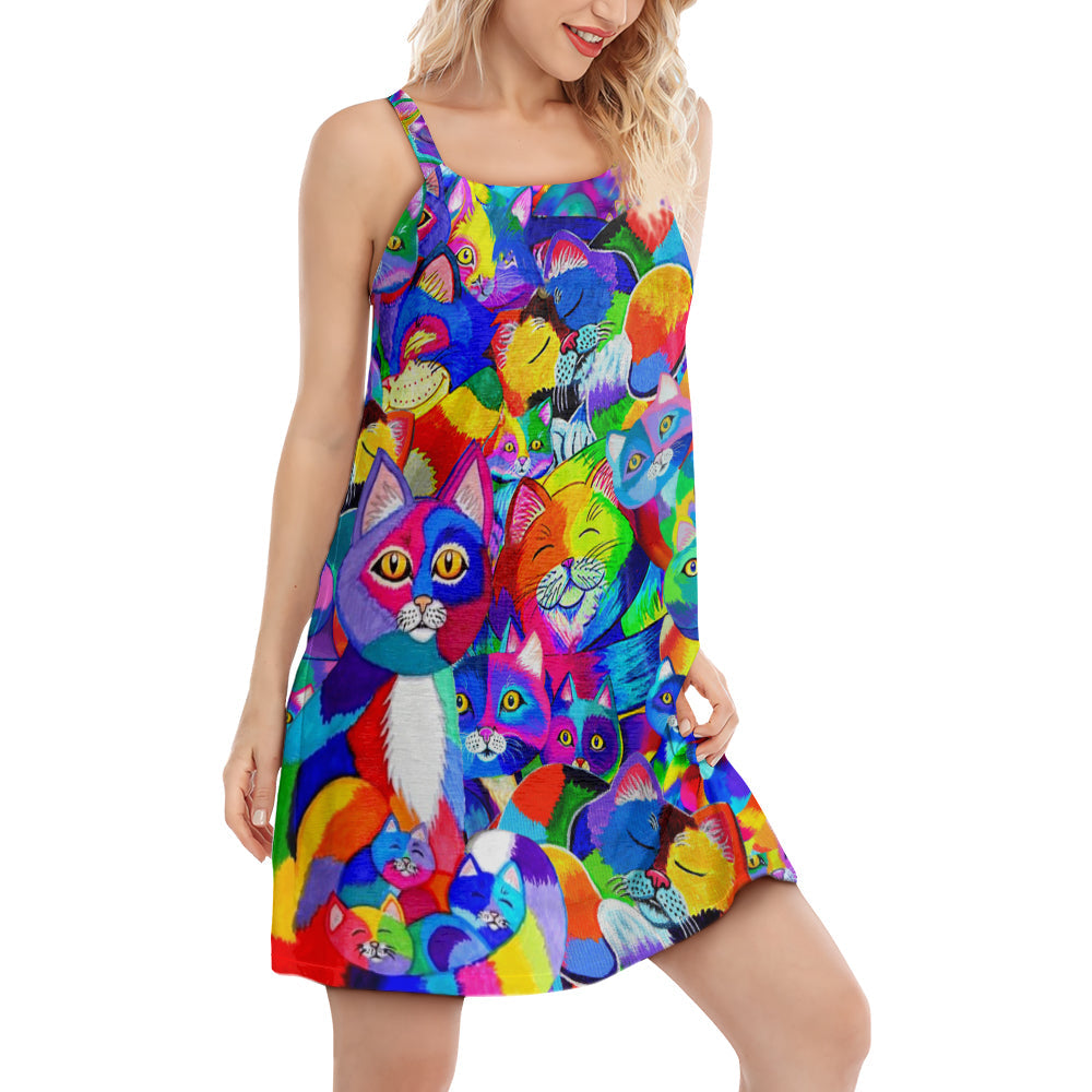 S Cat Colorful Rainbow - Women's Sleeveless Cami Dress - Owls Matrix LTD