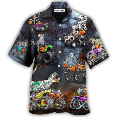 Hawaiian Shirt / Adults / S Halloween Skeleton Dinosaur Driving Monster Truck - Hawaiian Shirt - Owls Matrix LTD