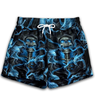 XS Skull Black Ground Blue Lighting - Women's Casual Shorts - Owls Matrix LTD