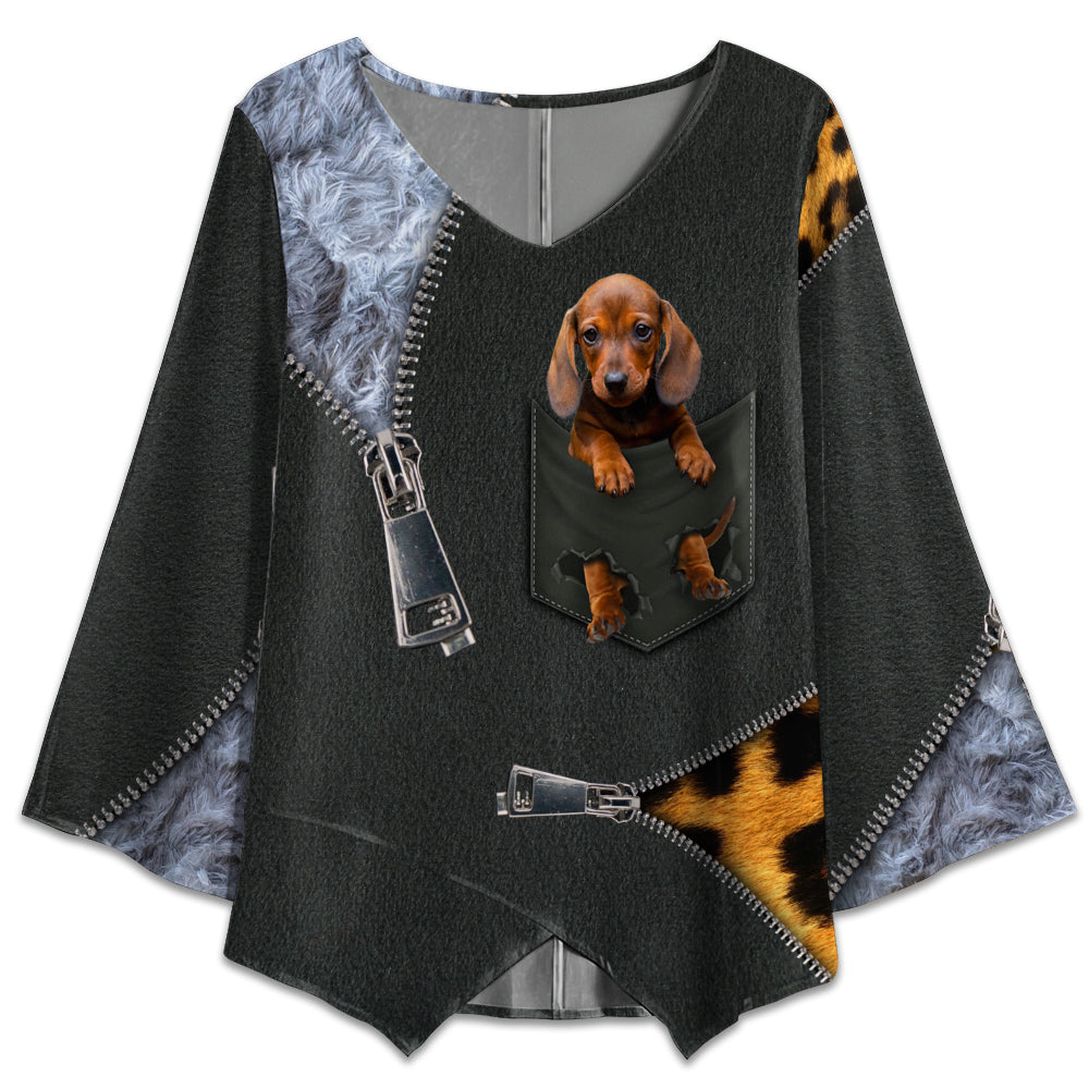S Dachshund Baby In Pocket Zip Style - V-neck T-shirt - Owls Matrix LTD