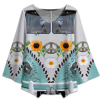 S Hippie Van With Daisy And Sunflower - V-neck T-shirt - Owls Matrix LTD