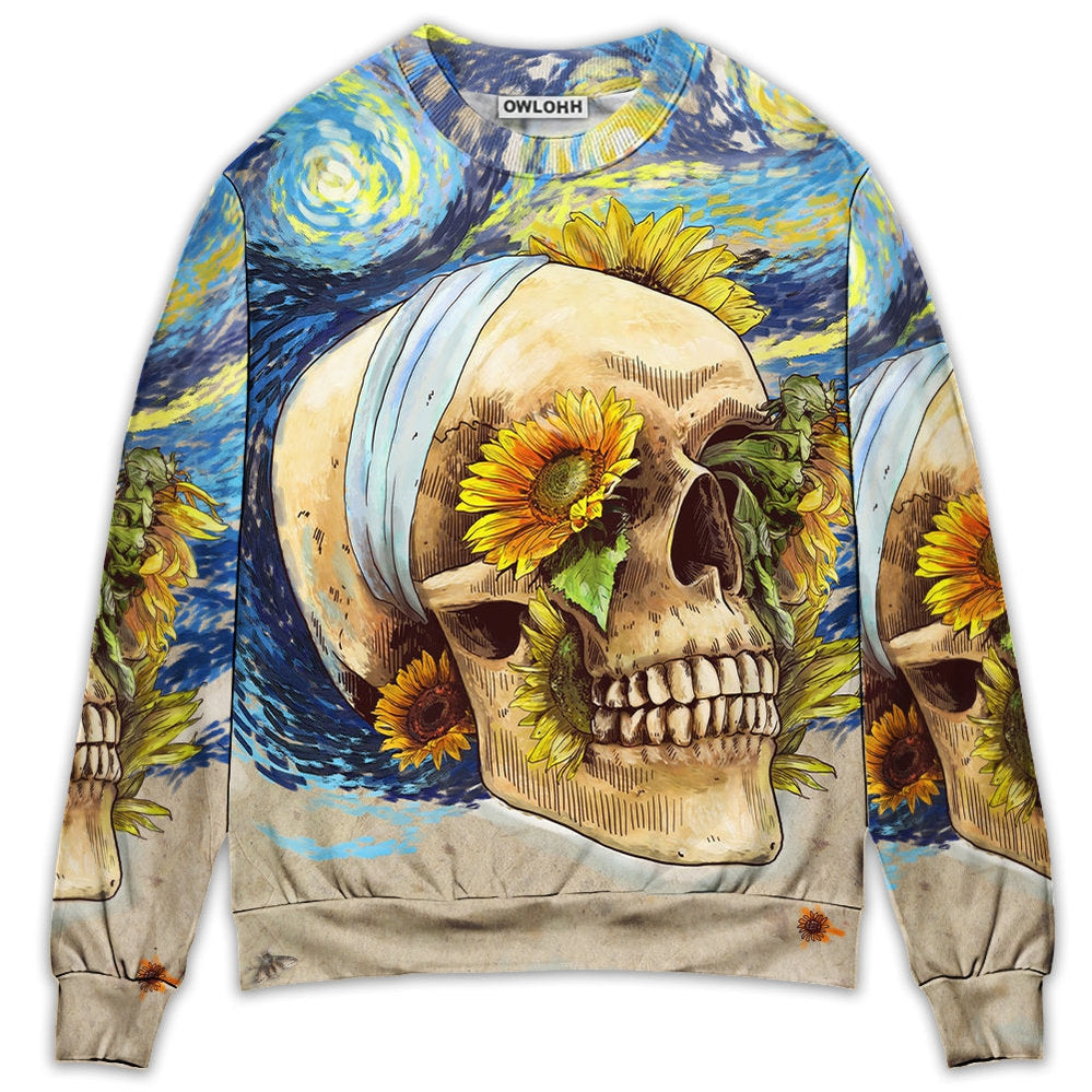 Sweater / S Skull And Sunflower Vintage Amazing Starry Night - Sweater - Ugly Christmas Sweaters - Owls Matrix LTD
