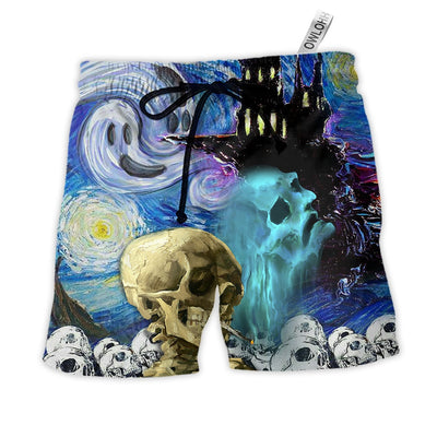 Beach Short / Adults / S Halloween Skull Smoke Scream Starry Night Funny Boo Art Style - Beach Short - Owls Matrix LTD