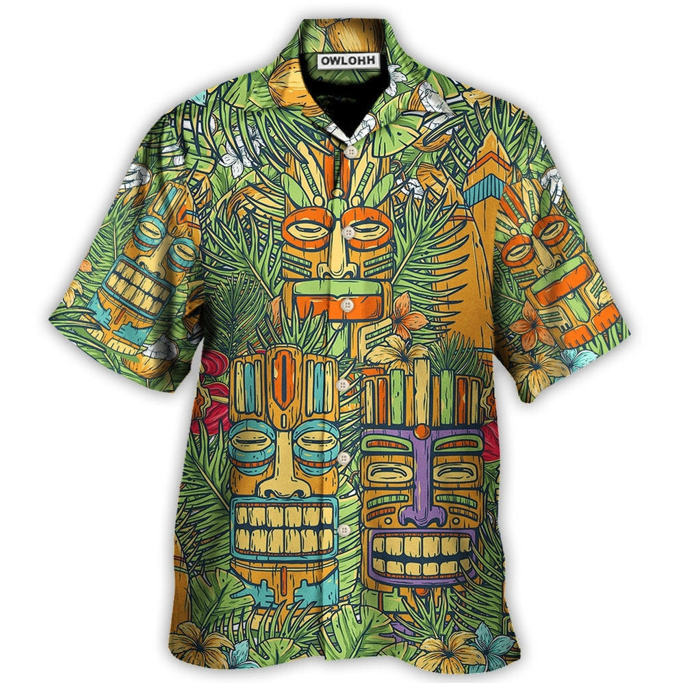 Hawaiian Shirt / Adults / S Tiki Mask Tropical Hawaii Sur Board And Palm Leaves - Hawaiian Shirt - Owls Matrix LTD