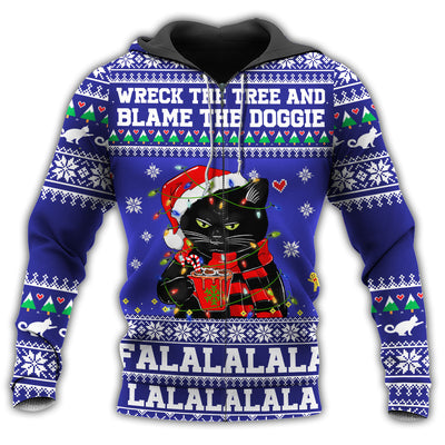 Zip Hoodie / S Black Cat Wreck The Tree And Blame The Doggies Christmas - Hoodie - Owls Matrix LTD