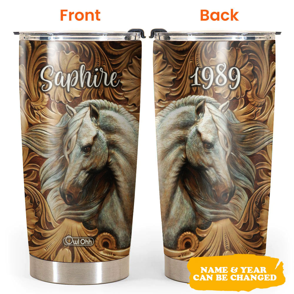 20OZ Horse And Flowers Leather Style Personalized - Tumbler - Owls Matrix LTD