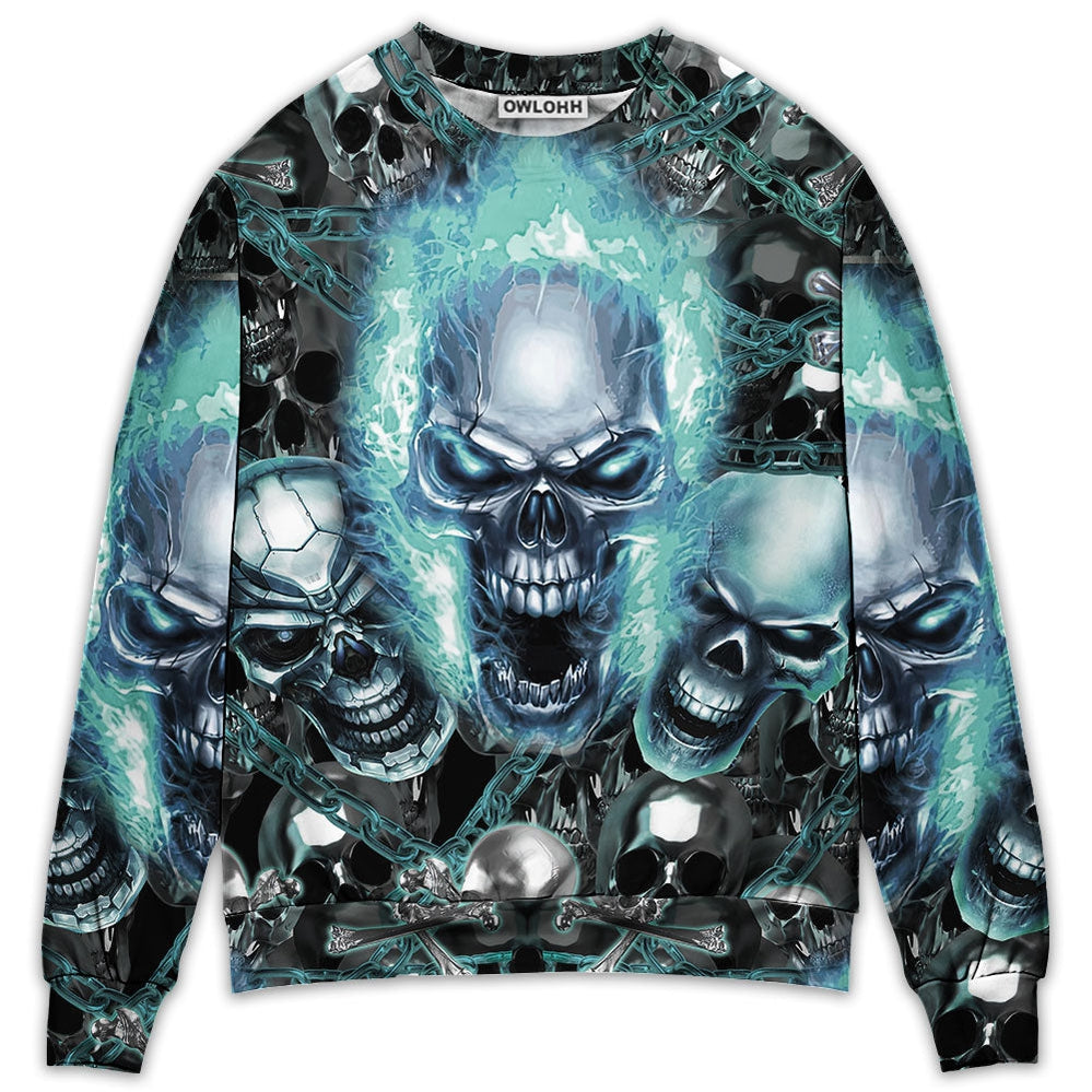 S Skull Blue Flame Screaming - Sweater - Ugly Christmas Sweaters - Owls Matrix LTD