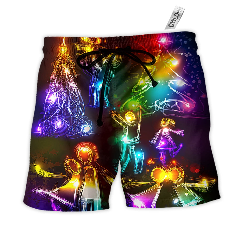 Beach Short / Adults / S Christmas Family Happy Love Tree Neon Light Style - Beach Short - Owls Matrix LTD