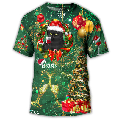 S Christmas Black Cat Drinking Happy Christmas Tree Green Light - Round Neck T-shirt - Owls Matrix LTD