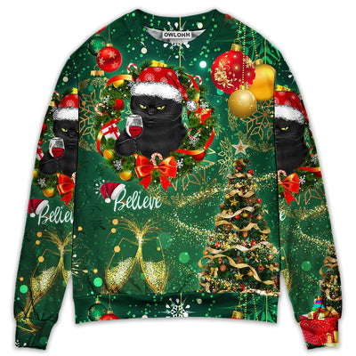 Sweater / S Christmas Black Cat Drinking Happy Christmas Tree Green Light - Sweater - Ugly Christmas Sweaters - Owls Matrix LTD