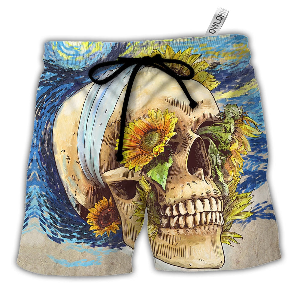 Beach Short / Adults / S Skull And Sunflower Vintage Amazing Starry Night - Beach Short - Owls Matrix LTD