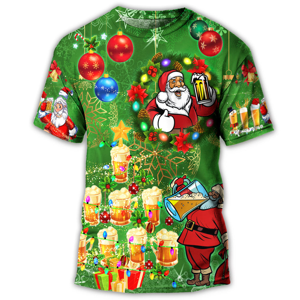 S Christmas Funny Santa Claus Drinking Beer Happy Christmas Tree Green Light - Round Neck T-shirt - Owls Matrix LTD
