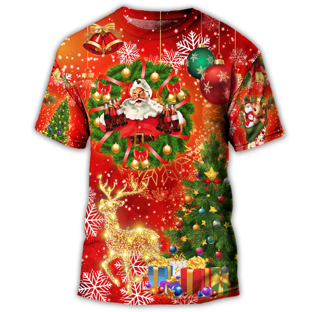 S Christmas Santa Claus Drinking Christmas Tree Red Light - Round Neck T-shirt - Owls Matrix LTD