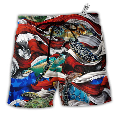 Beach Short / Adults / S Turtle Independence Day Swimming In The American Flag - Beach Short - Owls Matrix LTD