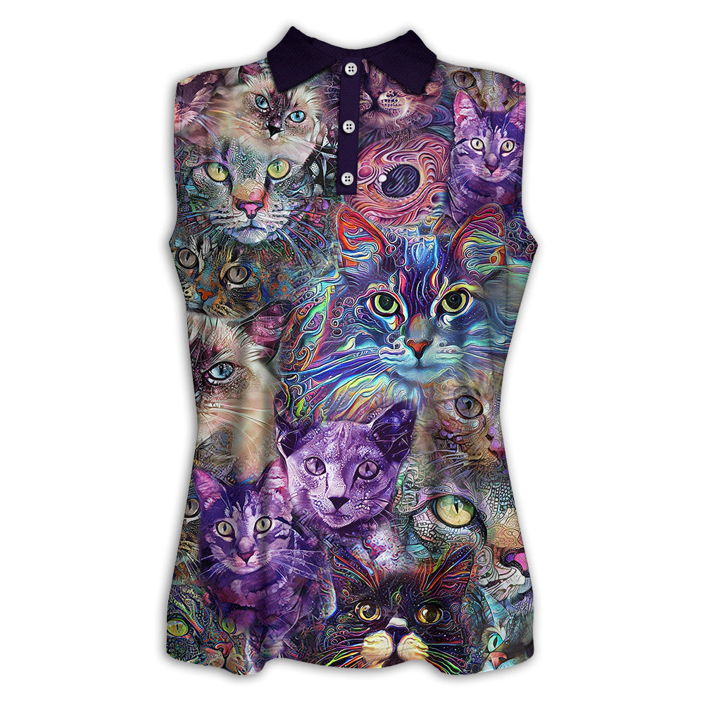 XS Cat Psychedelic Purple Style - Women's Polo Shirt - Owls Matrix LTD