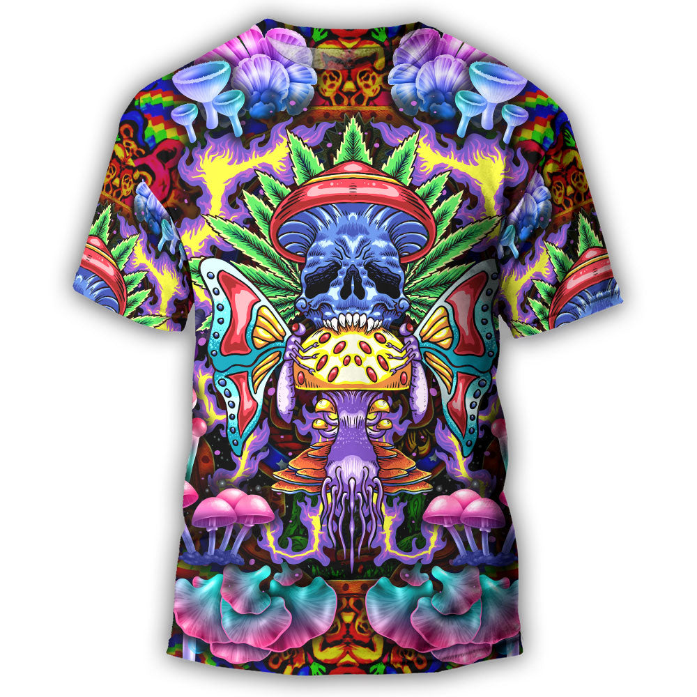 S Hippie Mushroom And Skull Art - Round Neck T-shirt - Owls Matrix LTD