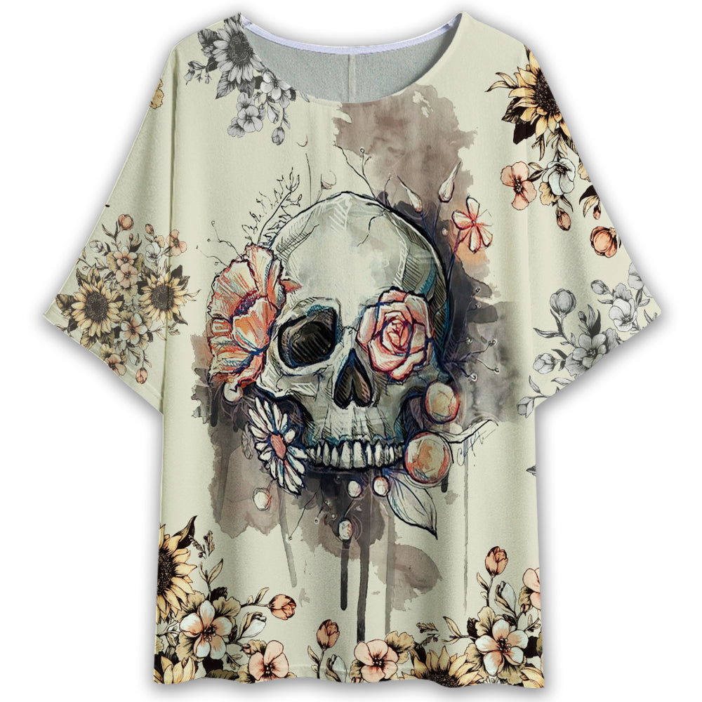 S Skull Vintage Flower Style - Women's T-shirt With Bat Sleeve - Owls Matrix LTD