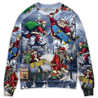 Sweater / S Christmas Santa Claus Skateboarding Snow Mountain Gift Light Art Style - Sweater - Ugly Christmas Sweaters - Owls Matrix LTD