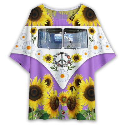 S Hippie Peace Purple Bus With Sunflowers - Women's T-shirt With Bat Sleeve - Owls Matrix LTD