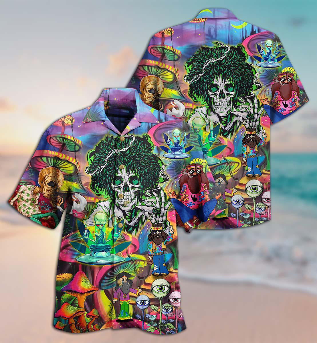 Hippie Skull Alien Mix Color - Hawaiian Shirt - Owls Matrix LTD